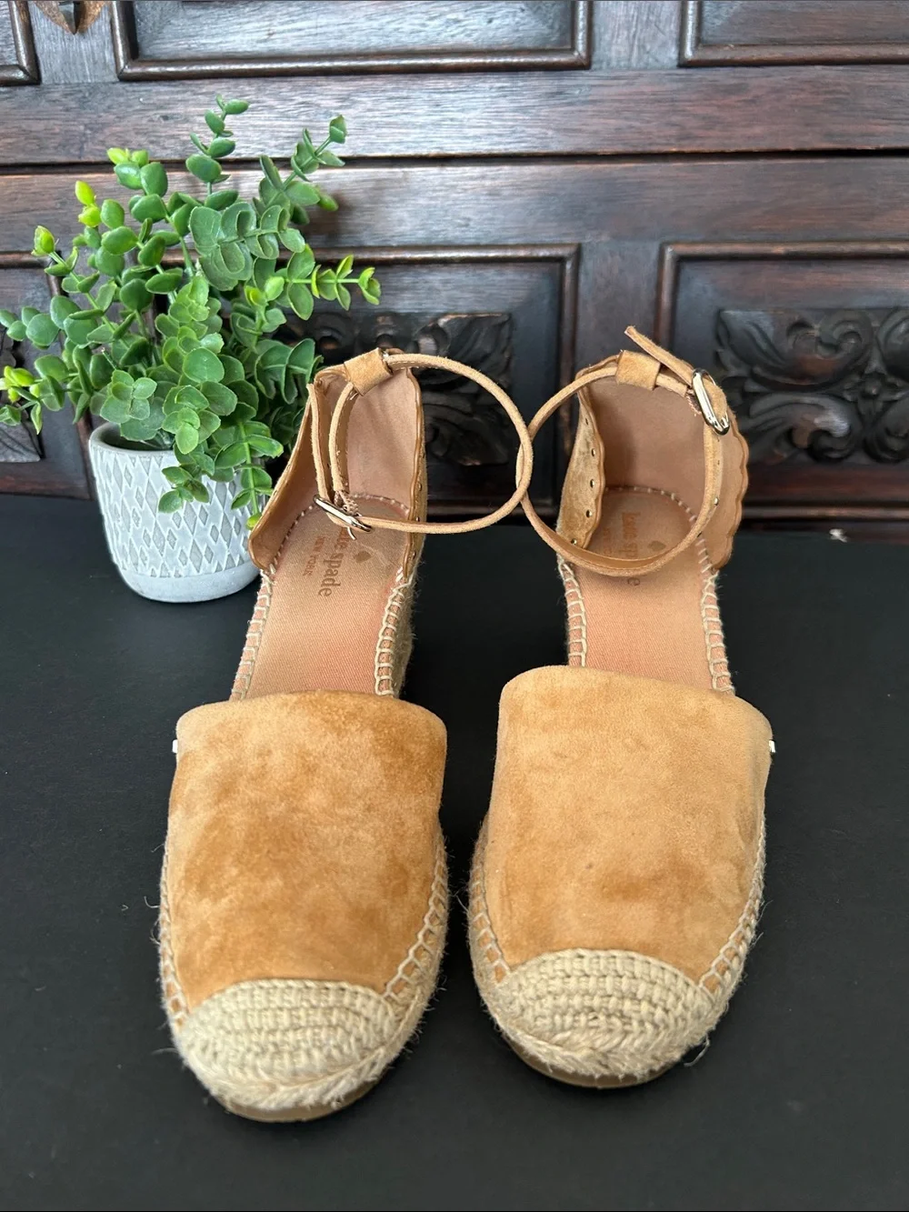 kate spade Tan Suede Espadrille Wedge Sandals with Ankle Strap